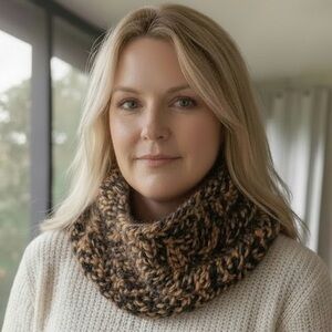 Scarf Cowl Infinity Hand Crafted Black Gold Spiral Chunky Cozy Knit